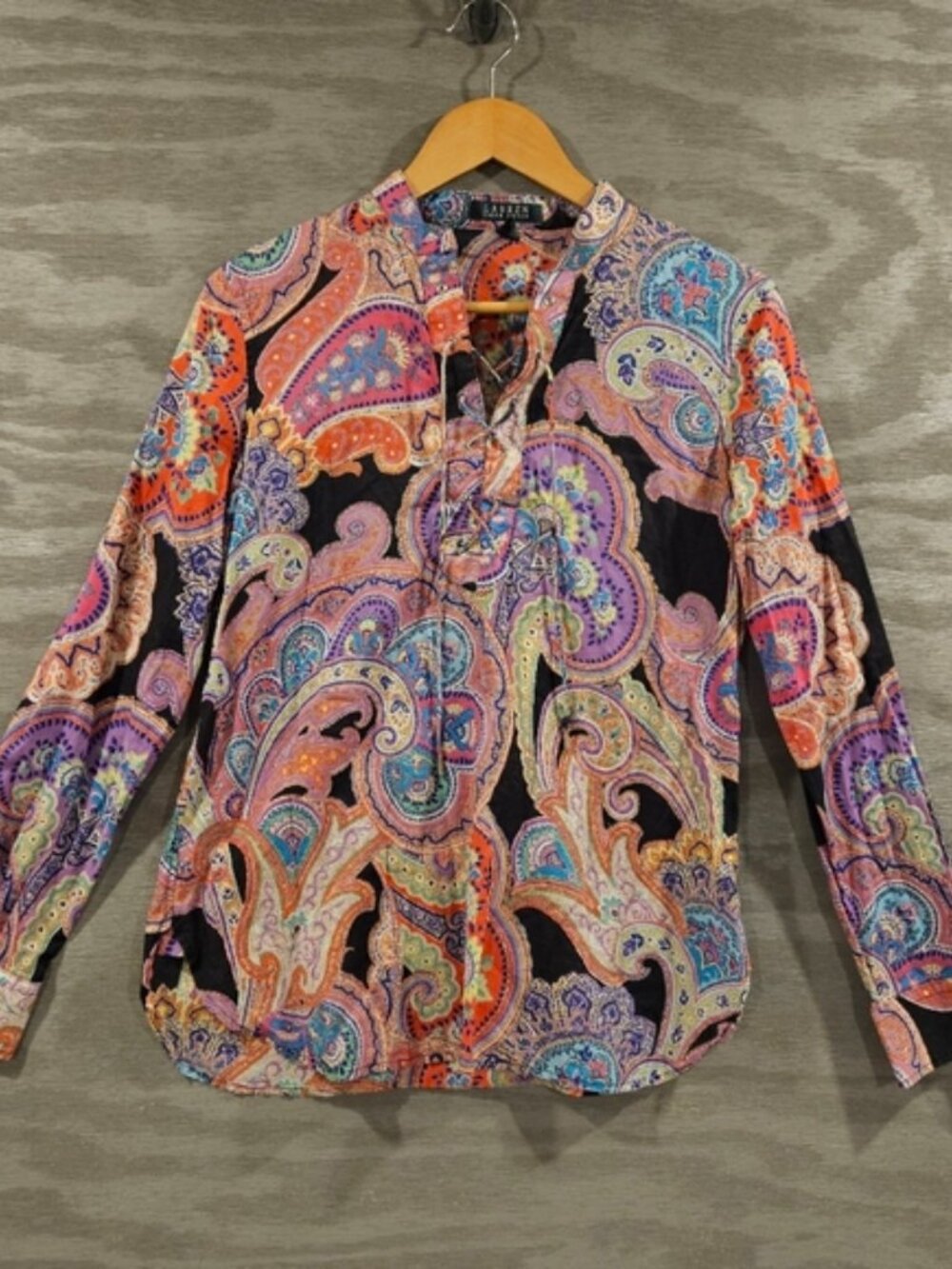 Lauren Ralph Lauren Colorful Paisley 70's Retro Festival Boho Top SZ M Tie Neck - Picture 2 of 8